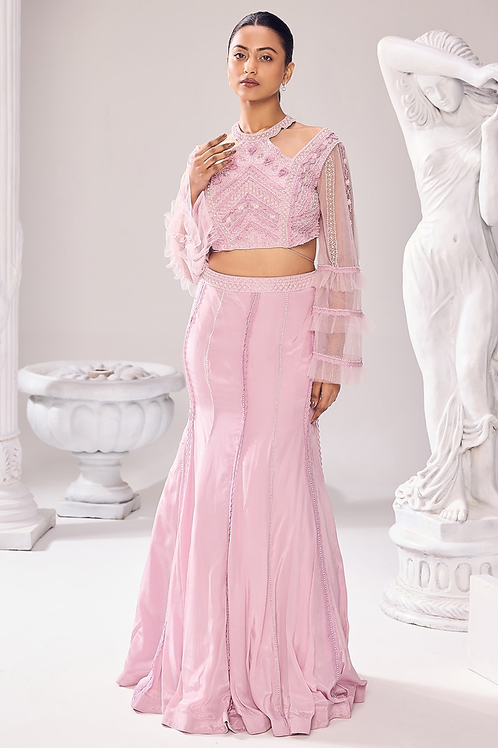 Pink Crepe Pearl & Lace Embroidered Fish-Cut Lehenga Set by Jade By Ashima