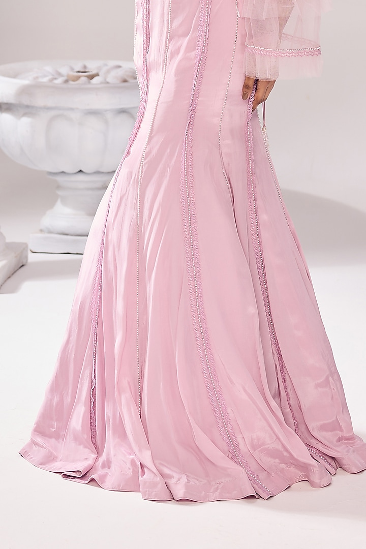 Pink Crepe Pearl & Lace Embroidered Fish-Cut Wedding Lehenga Set by Jade By Ashima at Pernia's Pop Up Shop