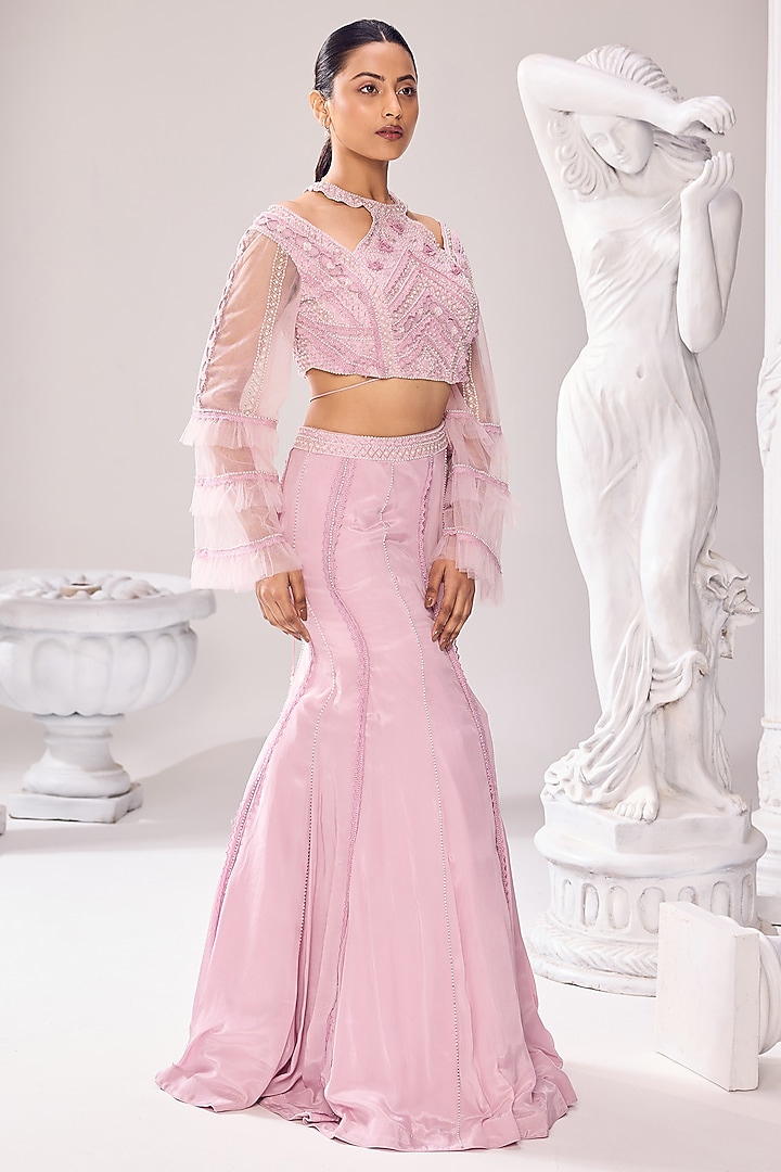 Pink Crepe Pearl & Lace Embroidered Fish-Cut Wedding Lehenga Set by Jade By Ashima at Pernia's Pop Up Shop