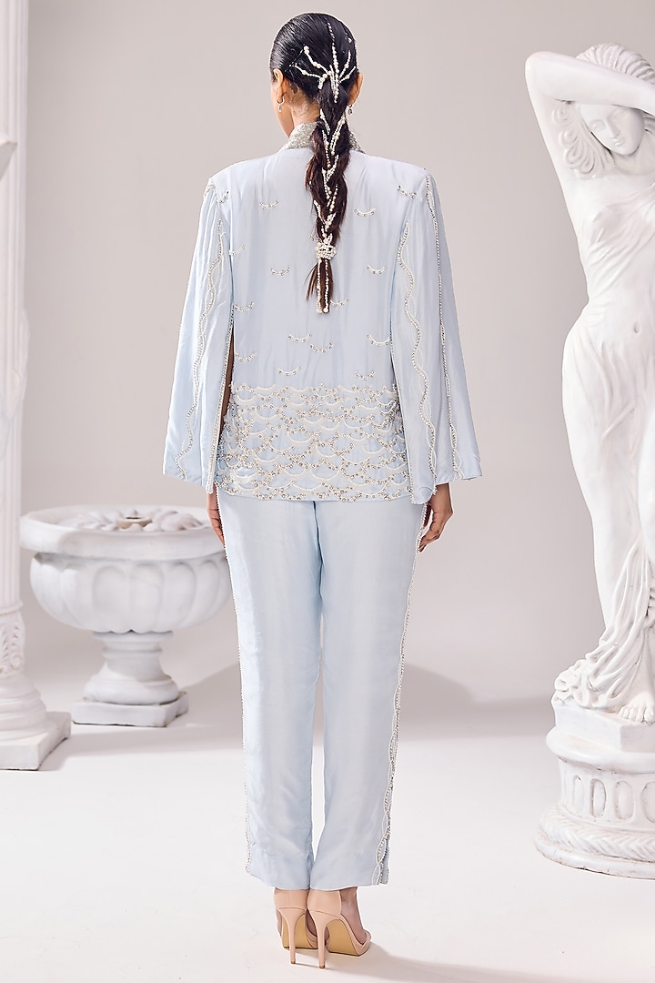 Blue Upada Pearl Hand Embroidered Jacket Set by Jade By Ashima at Pernia's Pop Up Shop