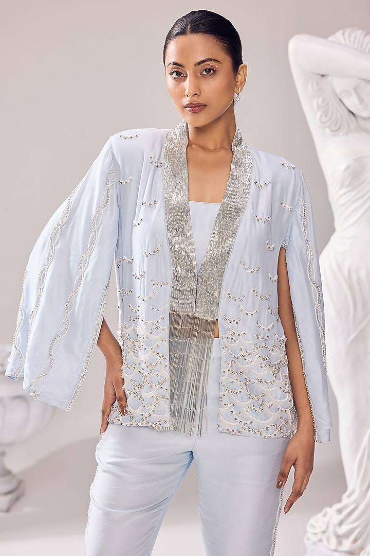 Blue Upada Pearl Hand Embroidered Jacket Set by Jade By Ashima at Pernia's Pop Up Shop