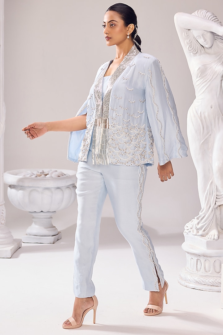 Blue Upada Pearl Hand Embroidered Jacket Set by Jade By Ashima at Pernia's Pop Up Shop