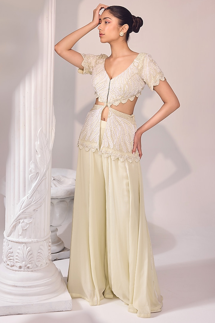 Green Chinon Kalidar Wedding Sharara Set by Jade By Ashima at Pernia's Pop Up Shop