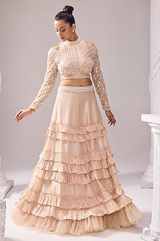 Beige Upada & Net Ruffled Tiered Lehenga Set by Jade By Ashima