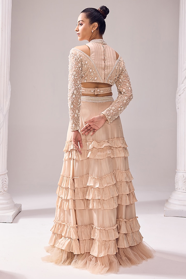 Beige Upada & Net Ruffled Tiered Wedding Lehenga Set by Jade By Ashima at Pernia's Pop Up Shop