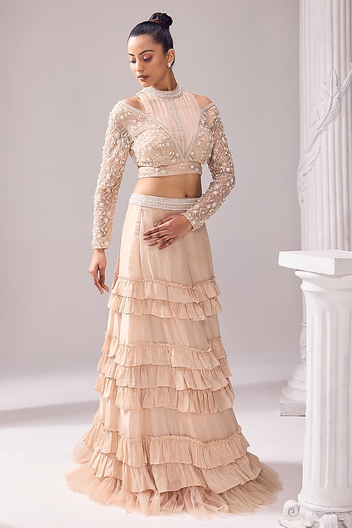 Beige Upada & Net Ruffled Tiered Wedding Lehenga Set by Jade By Ashima at Pernia's Pop Up Shop