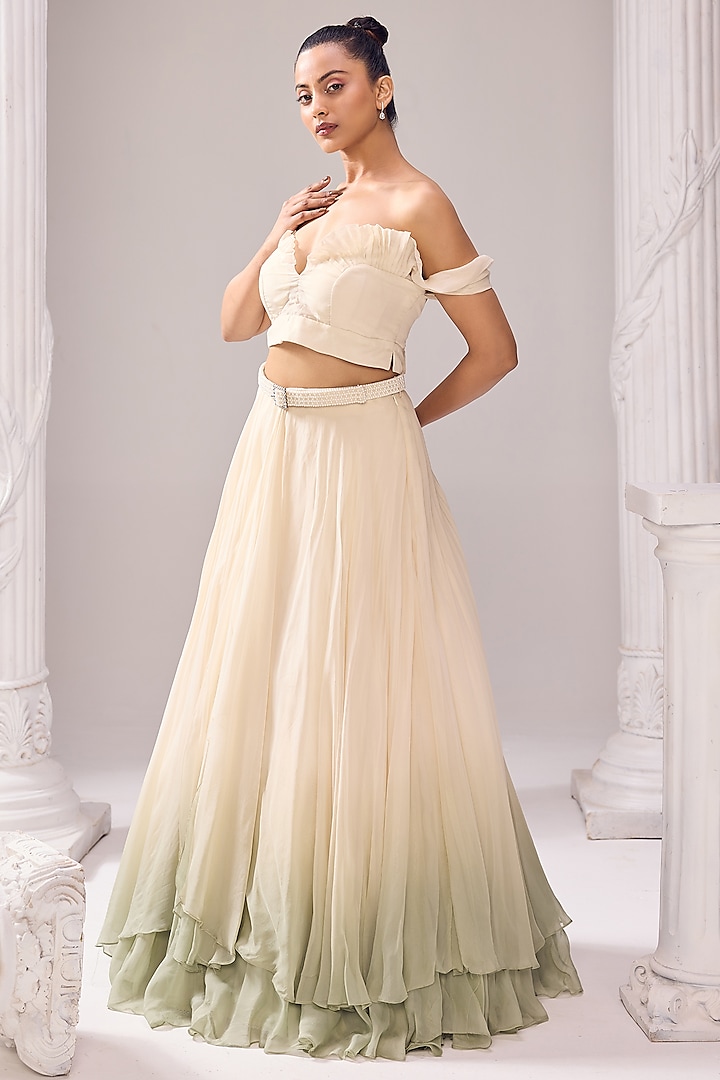 Ivory Organza Pearl Embroidered Ombre Wedding Lehenga Set by Jade By Ashima at Pernia's Pop Up Shop