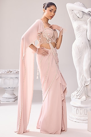 Peach Lycra Draped Saree Set by Jade By Ashima