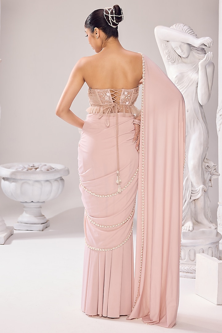 Peach Lycra Draped Wedding Saree Set by Jade By Ashima at Pernia's Pop Up Shop