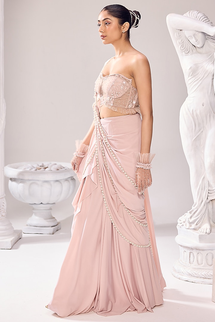 Peach Lycra Draped Wedding Saree Set by Jade By Ashima at Pernia's Pop Up Shop