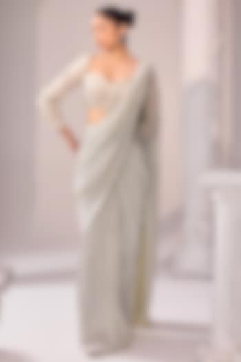 Silver Italian Imported Fabric Draped Saree Set by Jade By Ashima