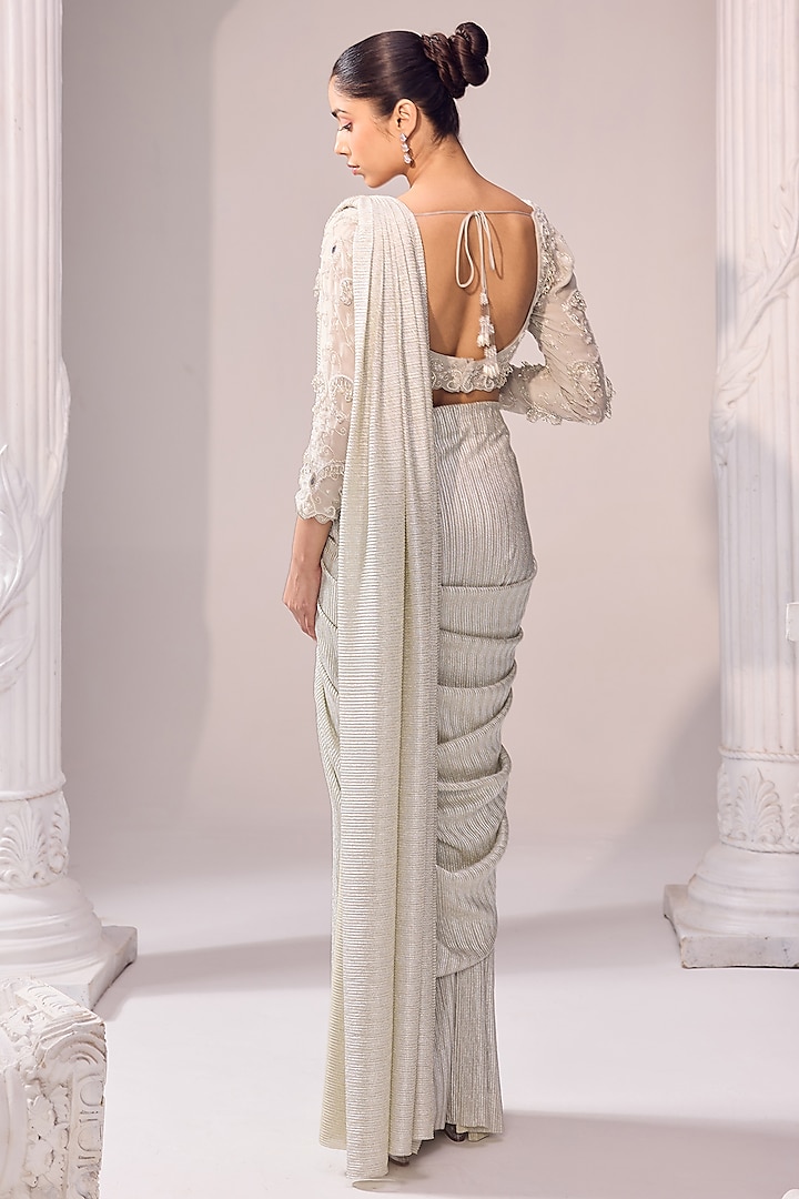 Silver Italian Imported Fabric Draped Wedding Saree Set by Jade By ...