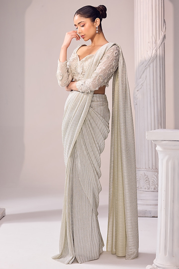 Silver Italian Imported Fabric Draped Wedding Saree Set by Jade By Ashima at Pernia's Pop Up Shop