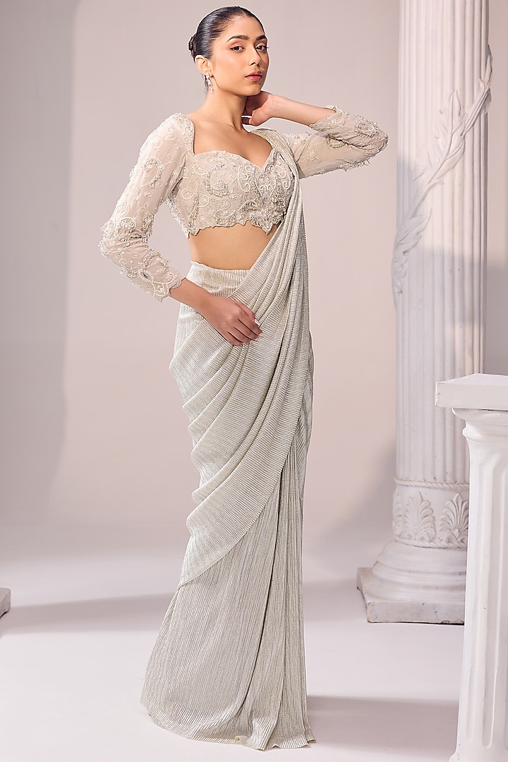Silver Italian Imported Fabric Draped Wedding Saree Set by Jade By Ashima at Pernia's Pop Up Shop