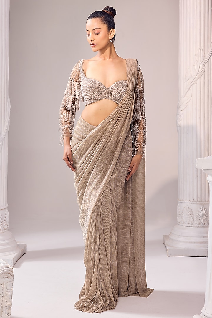 Gold Italian Fabric Draped Saree Set by Jade By Ashima