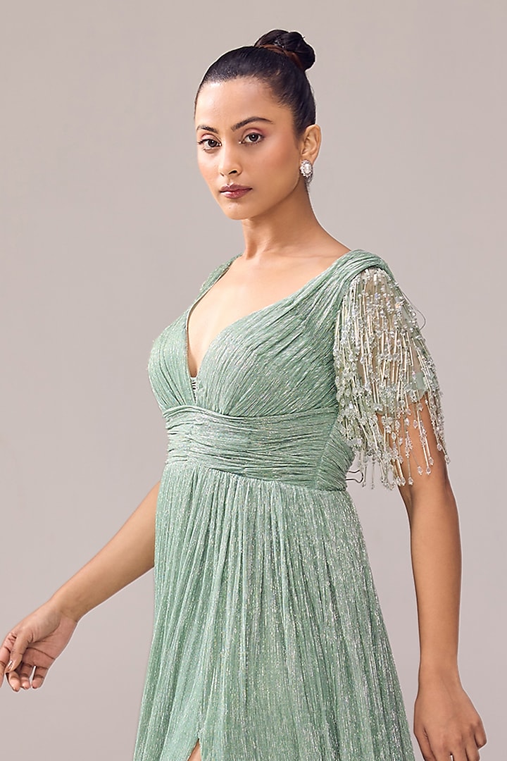 Green Italian Fabric Tassel Embroidered Engagement Gown by Jade By Ashima at Pernia's Pop Up Shop