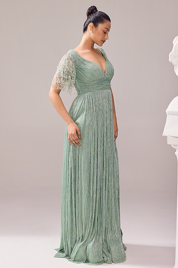 Green Italian Fabric Tassel Embroidered Engagement Gown by Jade By Ashima at Pernia's Pop Up Shop