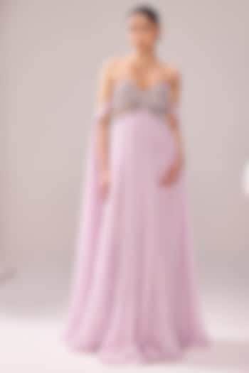 Pink Organza 3D Embellished Flared Gown by Jade By Ashima