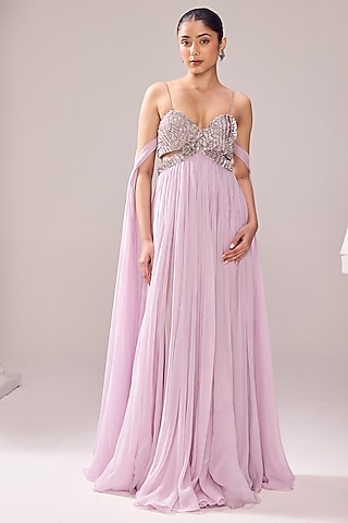 Pink Organza 3D Embellished Flared Gown by Jade By Ashima
