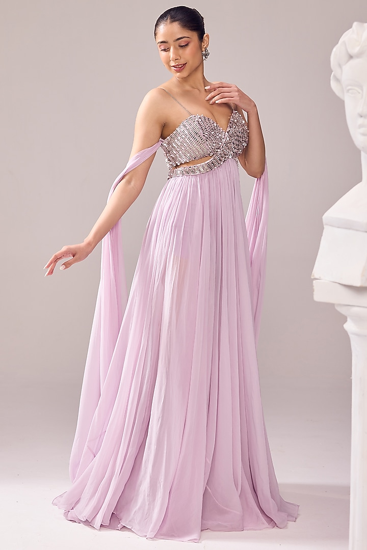 Pink Organza 3D Embellished Flared Engagement Gown by Jade By Ashima at Pernia's Pop Up Shop