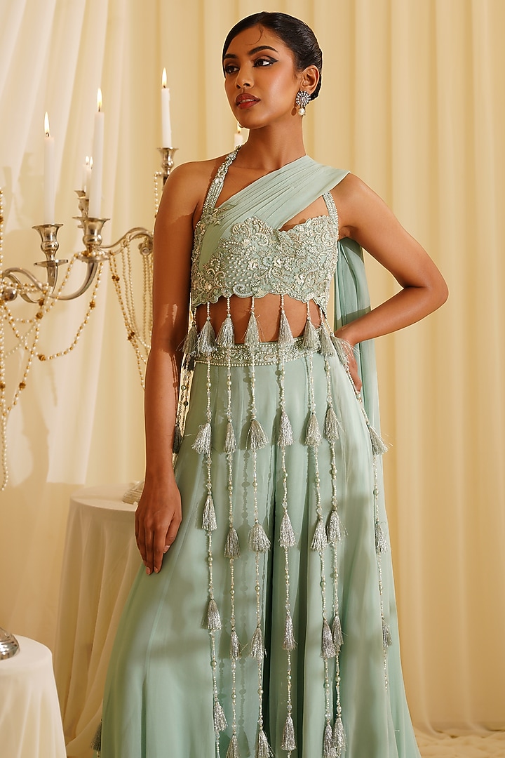 Smoke Green Georgette & Organza Crystal Hand Embroidered Wedding Sharara Set by Jade by Ashima at Pernia's Pop Up Shop
