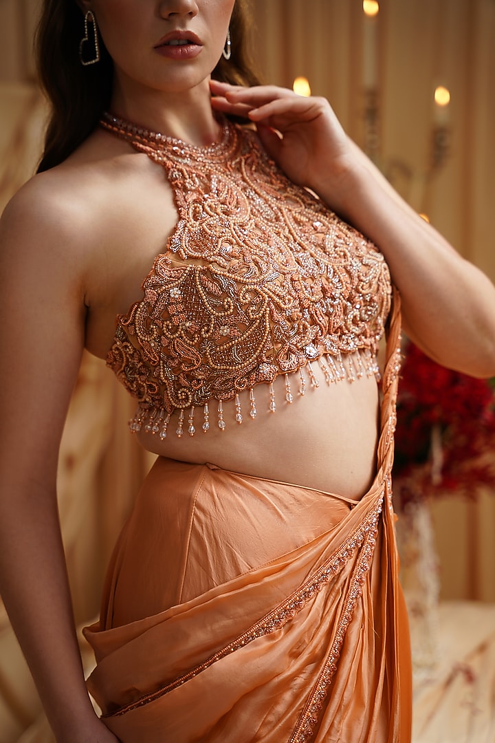 Burnt Orange Organza & Net Hand Embroidered Draped Wedding Saree Set by Jade by Ashima at Pernia's Pop Up Shop