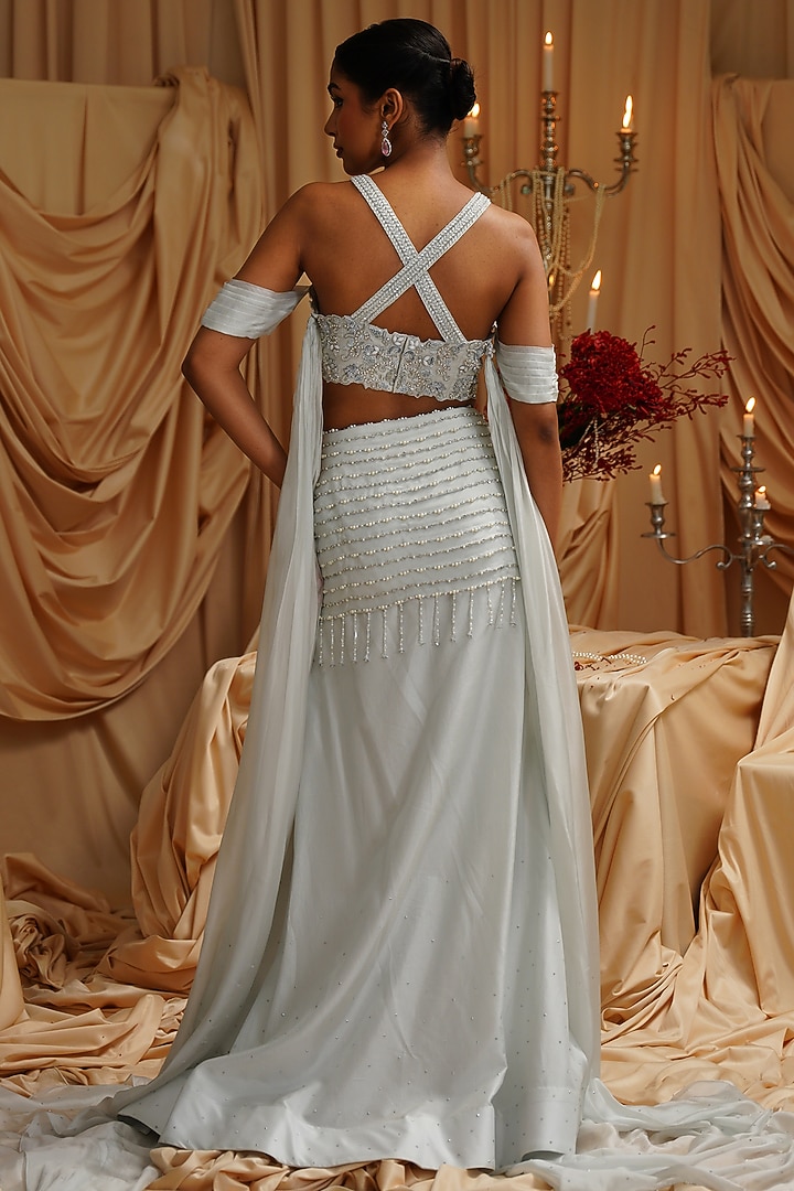 Glacier Grey Organza & Lycra Hand Embellished Draped Skirt Set by Jade by Ashima at Pernia's Pop Up Shop