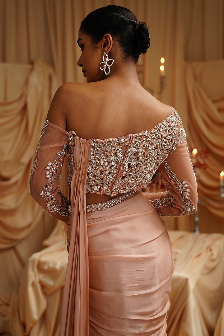 Powder Peach Satin & Net Hand Cutwork Draped Wedding Saree Set by Jade by Ashima at Pernia's Pop Up Shop