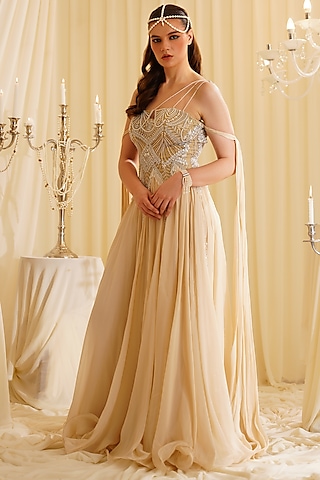 Dull Gold Organza & Shantoon Pearl Embroidered Gown by Jade by Ashima