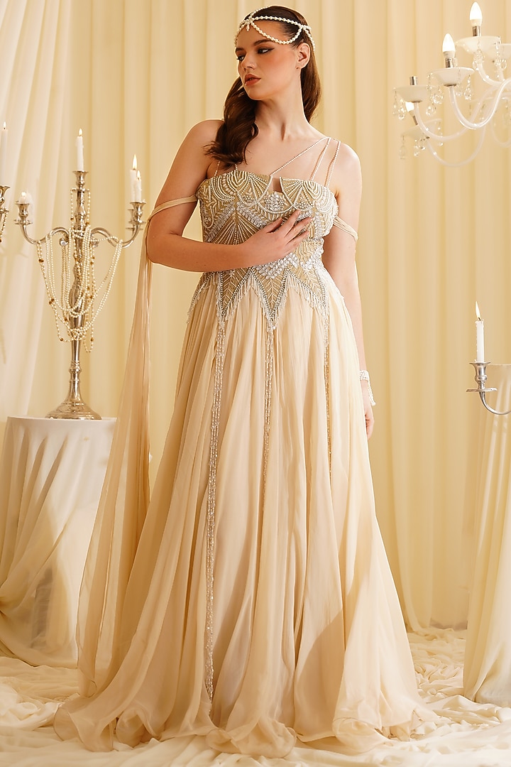 Dull Gold Organza & Shantoon Pearl Embroidered Engagement Gown by Jade by Ashima at Pernia's Pop Up Shop