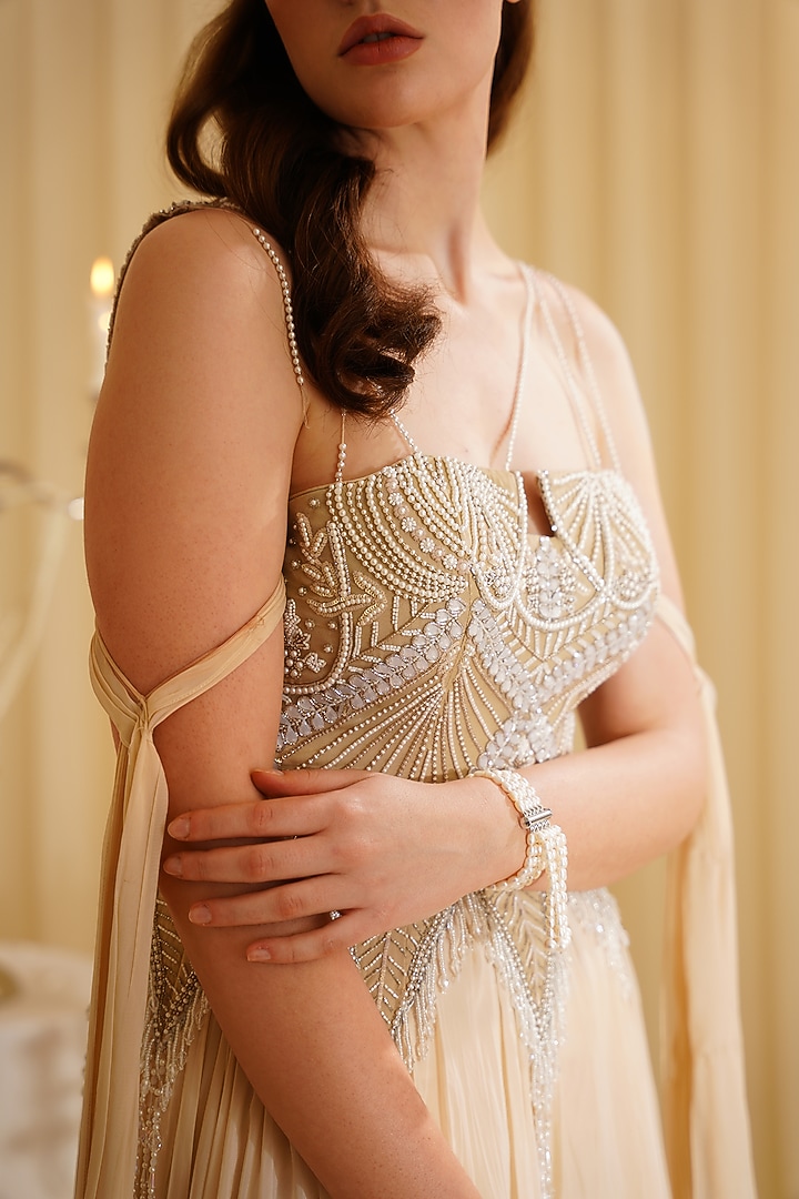 Dull Gold Organza & Shantoon Pearl Embroidered Engagement Gown by Jade by Ashima at Pernia's Pop Up Shop