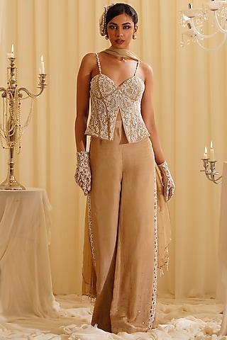 Nude Organza & Shantoon Cutwork Embroidered Pant Set by Jade by Ashima