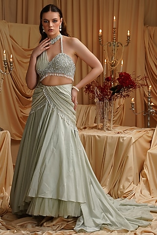 Silver-Green Opara & Net Hand Embroidered Cowl lehenga Set by Jade by Ashima