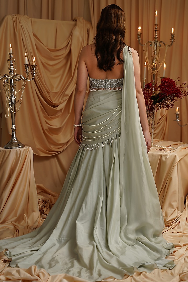 Silver-Green Opara & Net Hand Embroidered Cowl Wedding Lehenga Set by Jade by Ashima at Pernia's Pop Up Shop