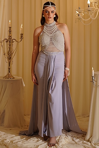 Cloud Grey Lycra & Organza Pearl Hand Embroidered Gown by Jade by Ashima