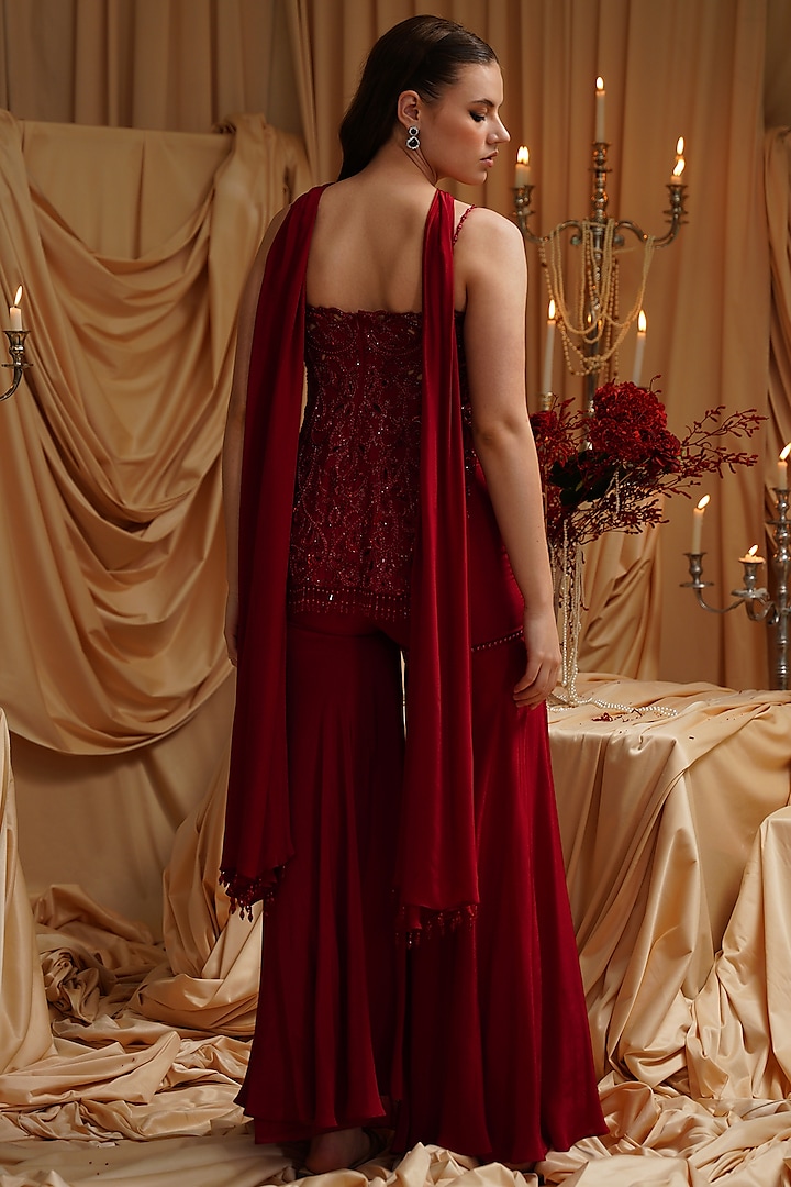 Cherry Red Organza & Crepe Crystal Work Wedding Sharara Set by Jade by Ashima at Pernia's Pop Up Shop