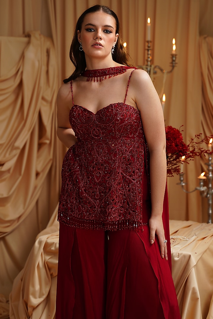 Cherry Red Organza Crepe Crystal Work Wedding Sharara Set by Jade by  Ashima at Pernia's Pop Up Shop