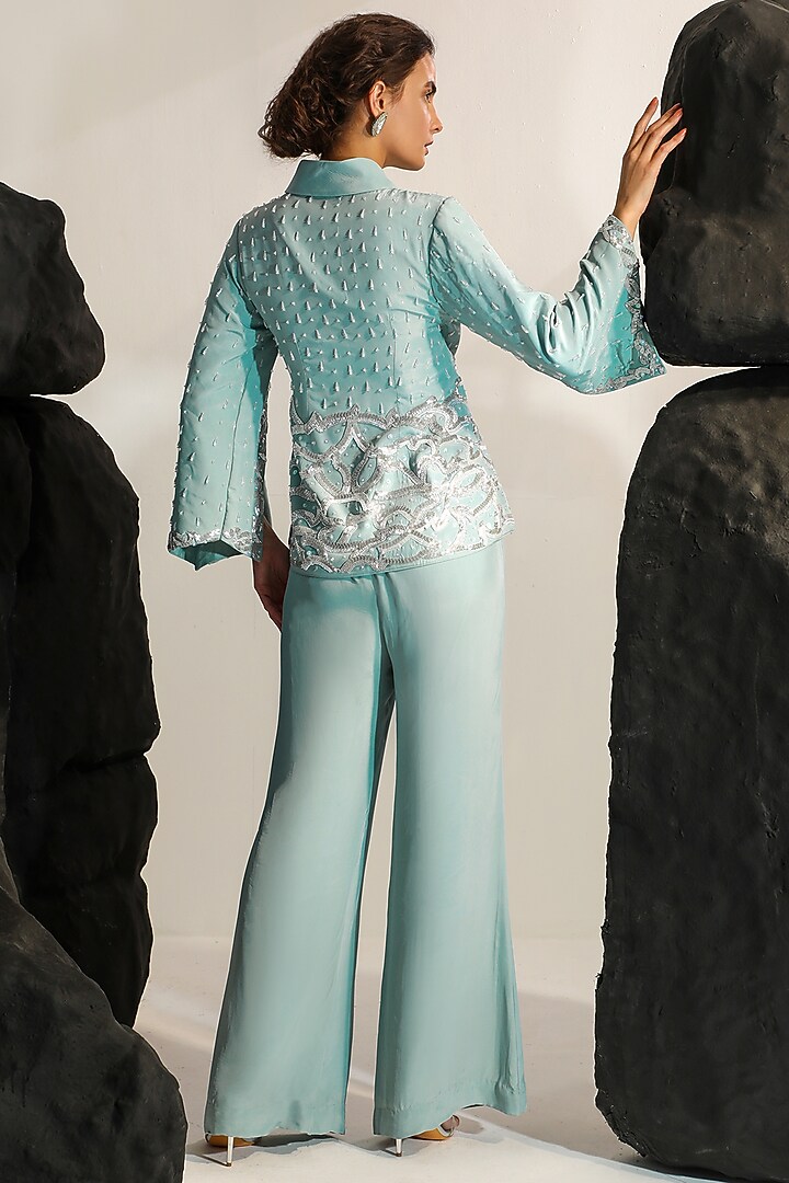 Blue Crepe Hand Embroidered Jacket Set by Jade by Ashima at Pernia's Pop Up Shop