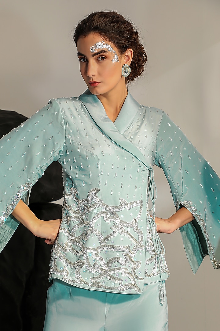Blue Crepe Hand Embroidered Jacket Set by Jade by Ashima at Pernia's Pop Up Shop