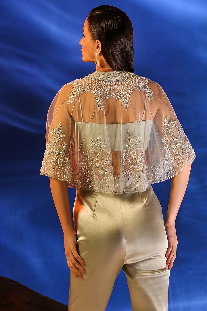 Grey Net Hand Embroidered Cape Set by Jade by Ashima at Pernia's Pop Up Shop
