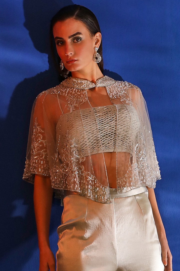 Grey Net Hand Embroidered Cape Set by Jade by Ashima at Pernia's Pop Up Shop