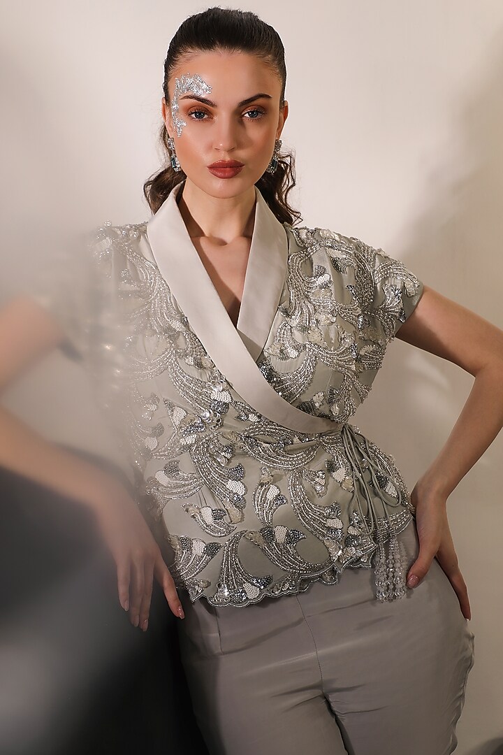 Grey Crepe Hand Embroidered Jacket Set by Jade by Ashima at Pernia's Pop Up Shop