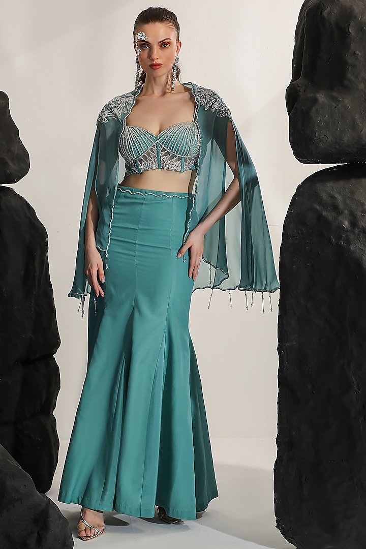 Tiffany Blue Organza Hand Embroidered Cape Set by Jade by Ashima at Pernia's Pop Up Shop