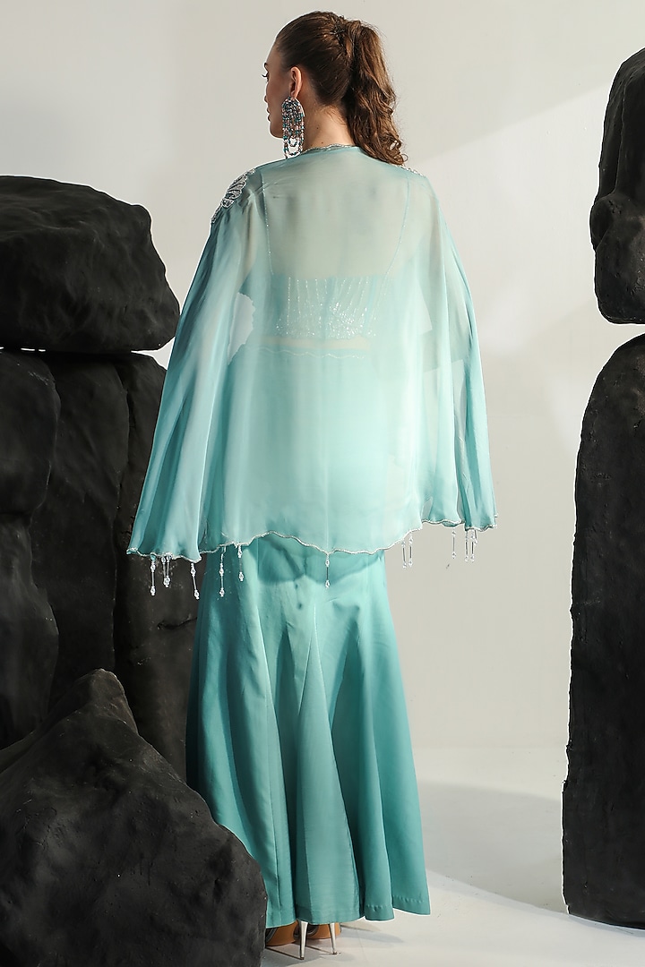 Tiffany Blue Organza Hand Embroidered Cape Set by Jade by Ashima at Pernia's Pop Up Shop