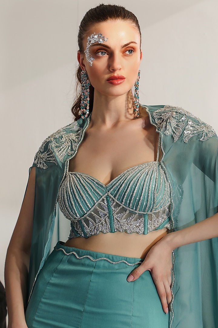 Tiffany Blue Organza Hand Embroidered Cape Set by Jade by Ashima at Pernia's Pop Up Shop