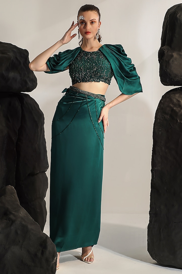 Emerald Green Satin Skirt Set by Jade by Ashima