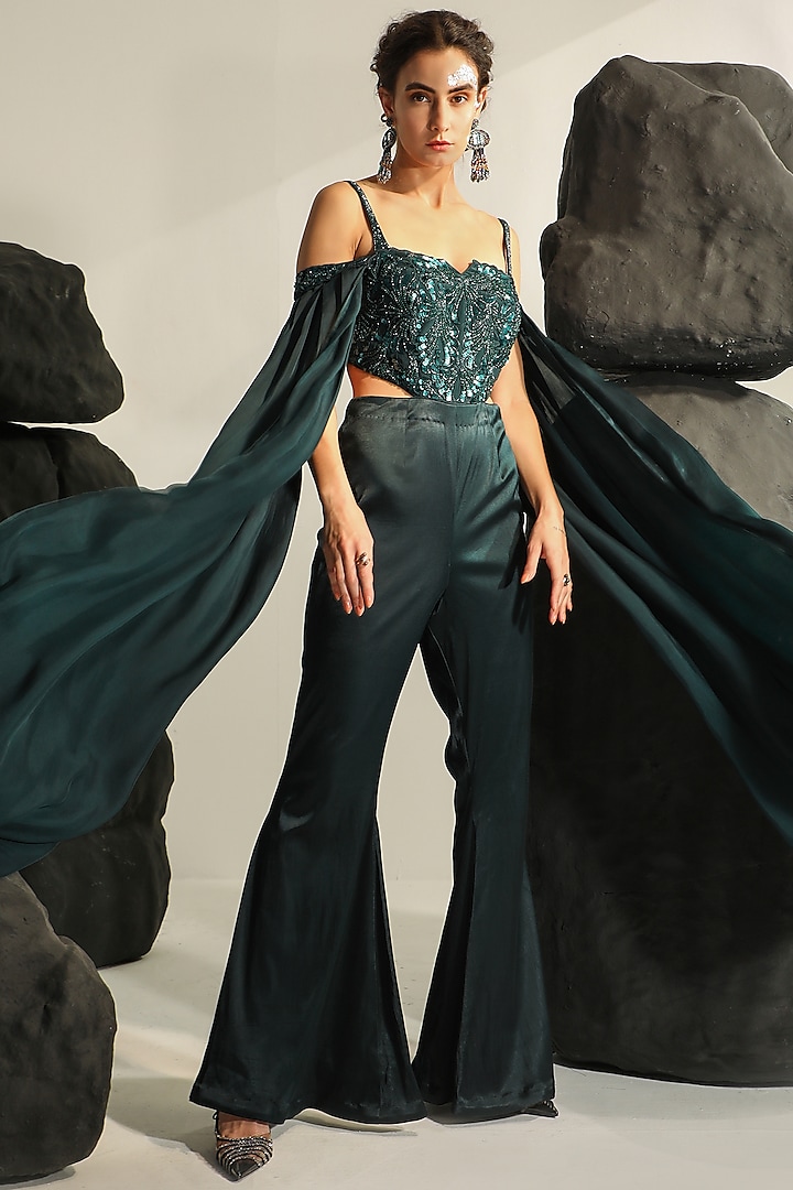 Deep Bluish Green Lycra Satin & Crepe Hand Embroidered Jumpsuit by Jade by Ashima