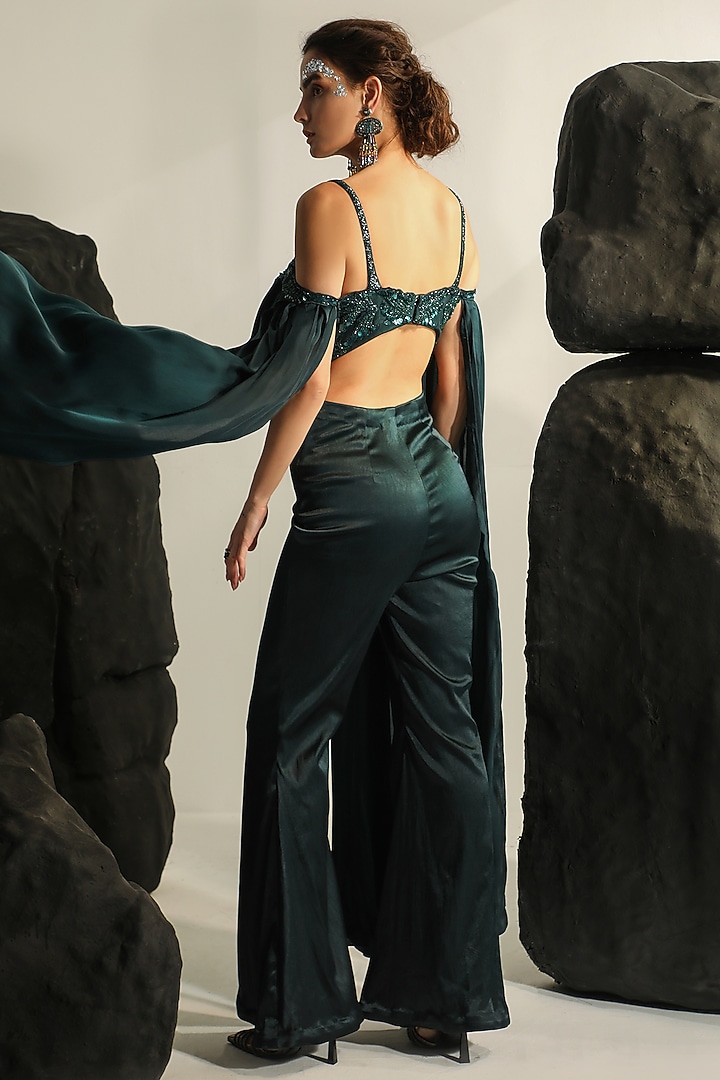 Deep Bluish Green Lycra Satin & Crepe Hand Embroidered Jumpsuit by Jade by Ashima at Pernia's Pop Up Shop