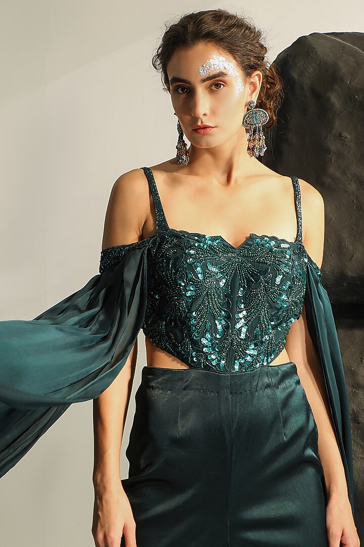 Deep Bluish Green Lycra Satin & Crepe Hand Embroidered Jumpsuit by Jade by Ashima at Pernia's Pop Up Shop