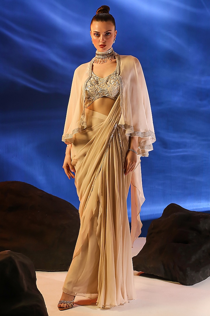 Peach Dust Georgette Draped Saree Set With Cape by Jade by Ashima